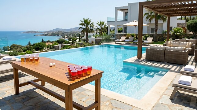 Beer pong game table set up by a luxury swimming pool with a beautiful ocean view. bierpong