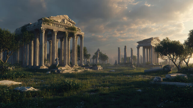Lost civilization. Fantasy. A vivid portrayal of the ancient Roman temple complex, set against a dramatic sky with clouds illuminated by the setting sun.