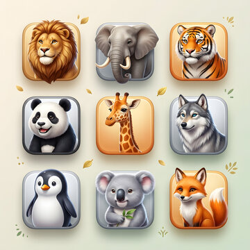 Collection of Stylized Animal Portrait Icons Featuring Cute Wild Creatures in Square Frames