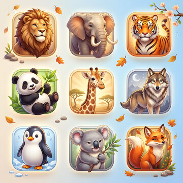 Set of Cute Wild Animal Icons Featuring Lion Elephant Tiger Panda Giraffe Wolf Penguin Koala and Fox for Kids Mobile Game UI