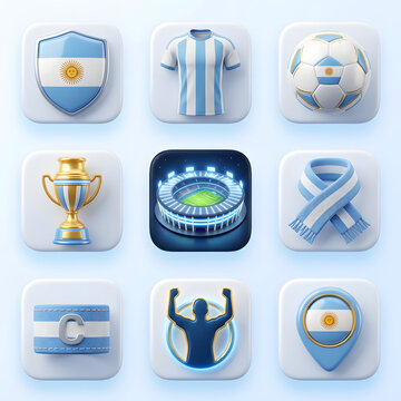 A set of 3D icons featuring national sports symbols including a soccer ball, stadium, trophy, and flag elements for athletic team branding