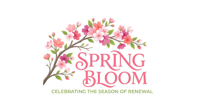 Pink Cherry Blossom Branch Emblem with Spring Bloom Text