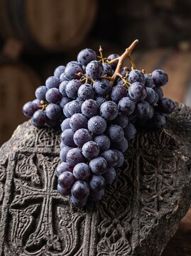 Macro Shot of Purple Grapes with Water Droplets on Carved Stone