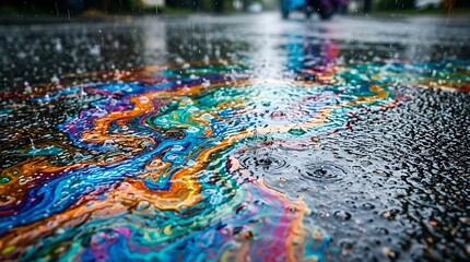 Obraz premium Colorful oil slick on wet asphalt road during rain, abstract patterns