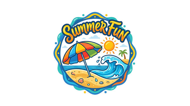 Colorful beach umbrella icon with wave and summer fun text