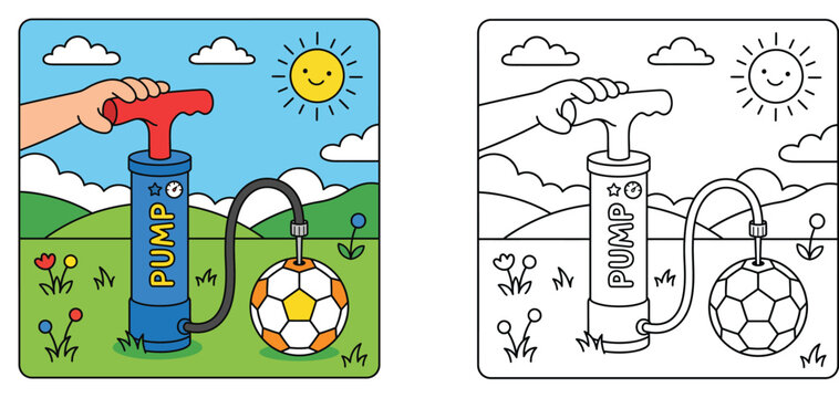 Coloring book page for kids with colored example of pumping a soccer ball with a hand pump, vector illustration.