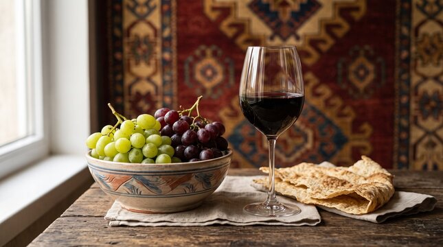 Armenian Still Life with Red Wine Grapes and Lavash Bread