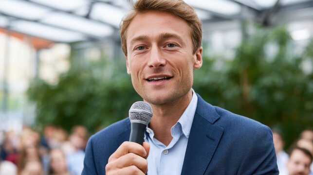 Man holding microphone speaking to an audience in a modern indoor setting with greenery and blurred attendees in the background