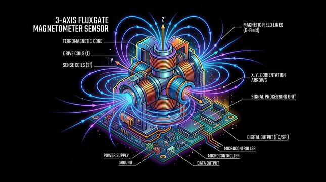 Three axis fluxgate magnetometer sensor diagram with magnetic field lines and components.