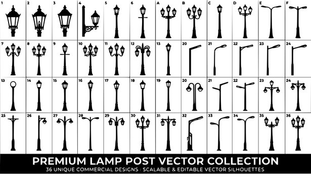 Premium Street Lamp and Lamp Post Silhouette Vector Illustration Pack