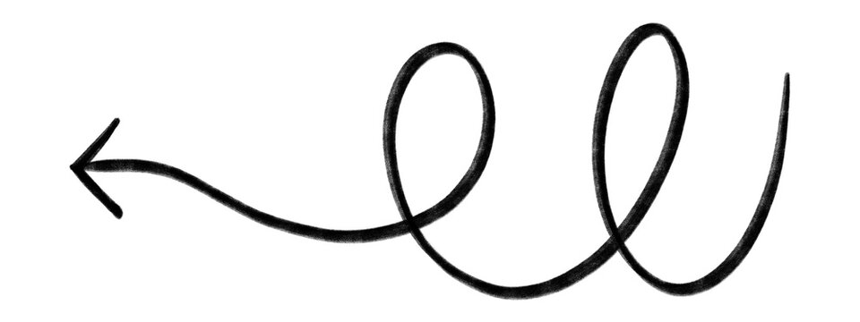 Hand drawn black squiggly line with loop and arrow isolated on transparent background
