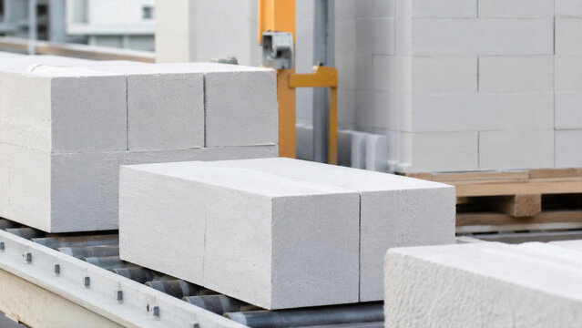 Concrete blocks on factory conveyor belt. Industrial manufacturing of aerated cement bricks at production plant. Construction material supply and heavy building industry process.