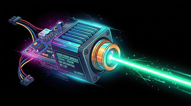 Green laser diode module with integrated circuit board glowing on dark background.
