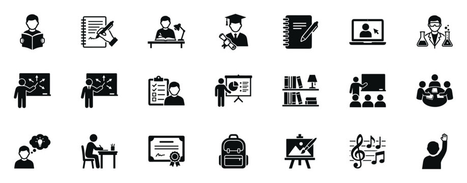 Education and learning icons set including reading, writing, studying, graduate, online class, science, presentation, library, teamwork, creativity, diploma, backpack, art on transparent background