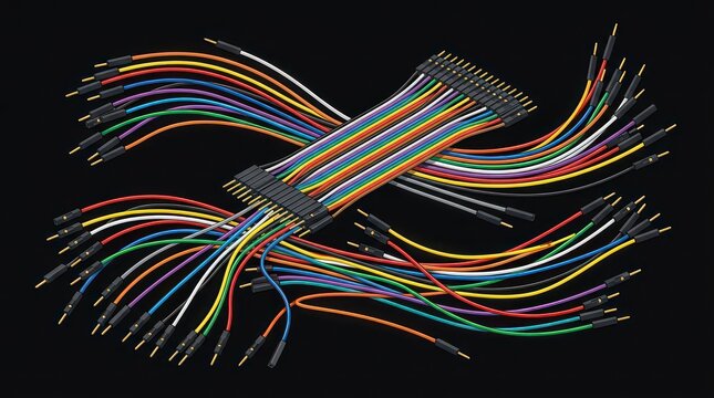 Many colorful jumper wires with male and female connectors for electronic prototyping.