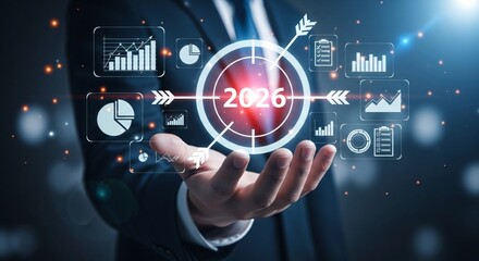 Fototapeta premium Futuristic Business Technology 2026 Concept Hand Holding Digital Interface with Data Charts Graphs and Icons for Innovation and Digital Transformation in Business