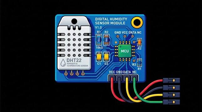 DHT22 humidity and temperature sensor module with MCU and wiring.