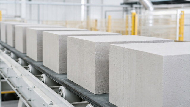 Aerated concrete blocks moving on industrial conveyor belt at manufacturing plant. Automated production line for building material. Construction industry supply and heavy equipment process.