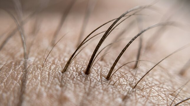 Extreme Close-Up of Dark Hairs Growing from Human Skin Texture