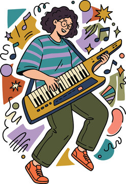 female keytar player performing with energetic abstract background elements