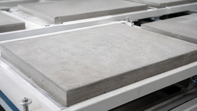 Concrete slab on production line in factory. Manufacturing of paving tile blocks. Automated process of forming construction material. Industrial heavy equipment for building material.