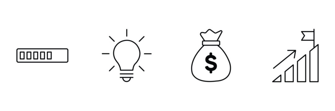 Business progress icon set featuring loading bar light bulb money bag flag chart vector illustration.