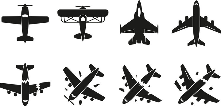Set of airplane icons including various aircraft models and crash disaster silhouettes, broken plane disaster symbols for news and infographic design elements