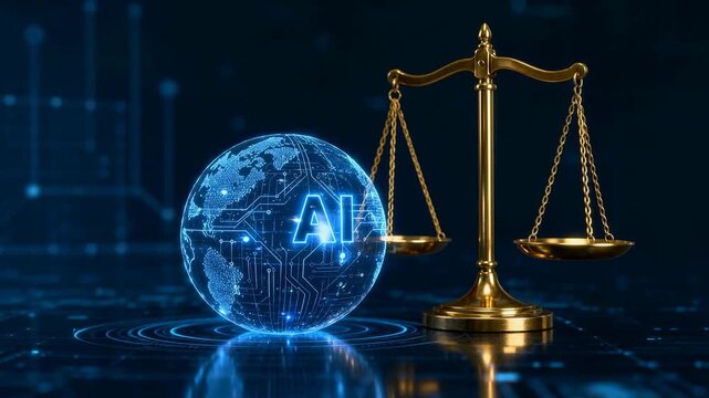 Artificial intelligence concept with digital globe and golden justice scales symbolizing fairness and technology