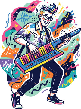 male keytar player performing with energetic abstract background elements