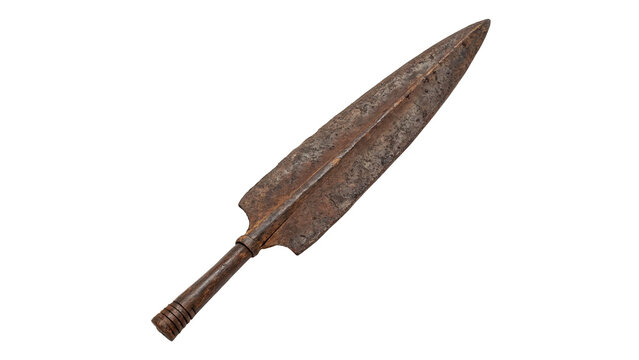 Sharp metallic ancient warrior spear weapon tip object isolated on a transparent background