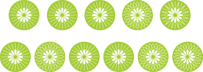Set of bright green circular floral mandala icons and sunburst patterns, minimalist flower designs for nature, eco-friendly, and decorative graphic elements © Nafij World