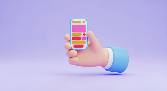 Hand holding a small mobile smartphone with colorful app interface layout isolated on a clean lavender background