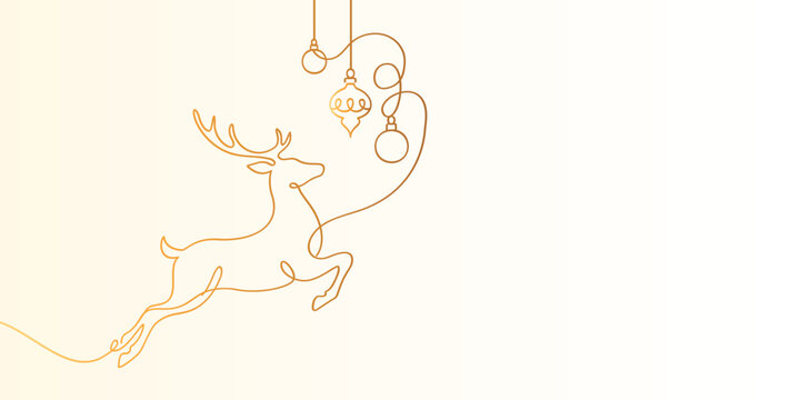 Minimalist golden one-line drawing of abstract Christmas reindeer
