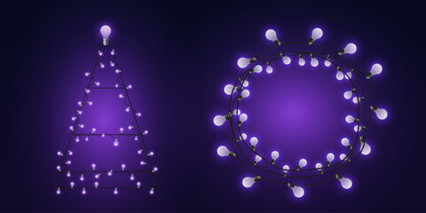 Decorative fairy light garlands creating christmas tree and glowing circle shapes on dark background © Oleksandr