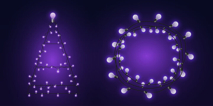 Decorative fairy light garlands creating christmas tree and glowing circle shapes on dark background
