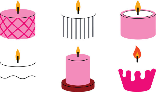 Scented Pink Candle Icon Set with Burning Wax Flames and Geometric Patterns for Aromatherapy Wellness Graphic Designs and Home Spa Decoration Branding,
