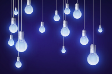 Glowing light bulbs illuminate a dark background, symbolizing creativity and brilliant solutions © Oleksandr