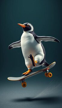 Penguin riding skateboard in mid-air pose with wheels sizzling, ride, vector illustrations.