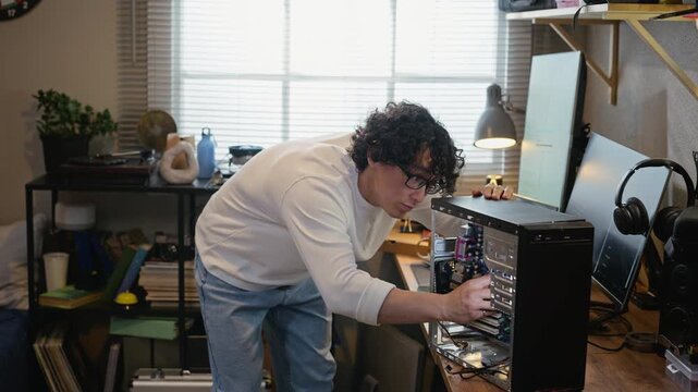 Asian young adult male assembling desktop computer in bedroom, inserting motherboard and connecting wires. Video suitable for DIY tech tutorials, hardware repair services, and IT education