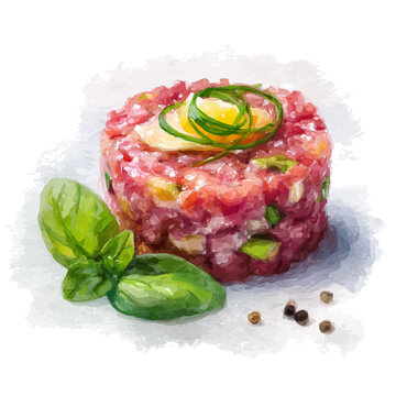 Steak Tartare, watercolor clipart vector, isolated on a white background.