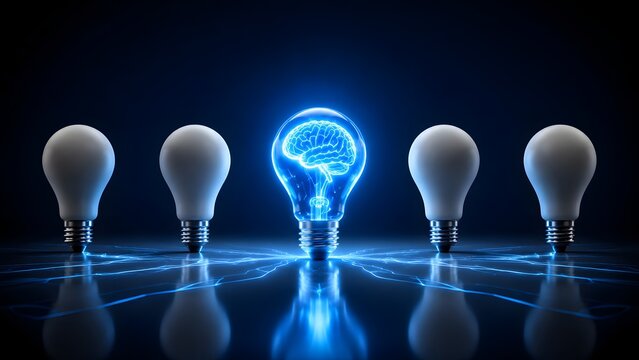 Glowing blue holographic brain lightbulb casting bright reflections on dark surface surrounded by dull bulbs illustrating advanced artificial intelligence and brilliant cyber ideas