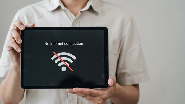 Person holding tablet with no internet connection error message on screen