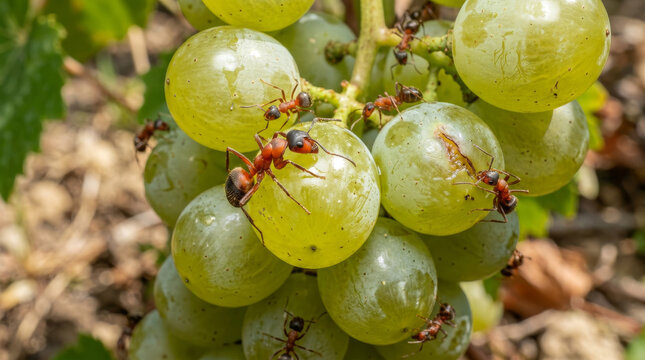Red ants crawling on ripe green grapes, macro photography of insects on vineyard fruit, close up of garden pests eating sweet white grapes