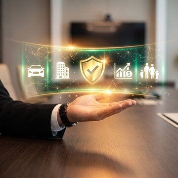 Conceptual representation of comprehensive insurance and financial protection services, offering security for assets, family, and future growth in a digital business environment