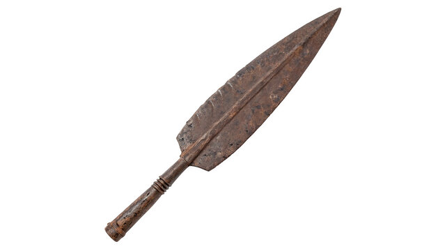 Sharp metallic ancient warrior spear weapon tip object isolated on a transparent background