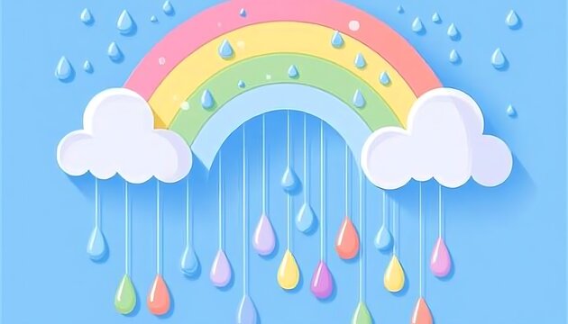 Paper art rainbow with hanging rain charms and soft clouds against a flat light blue backdrop display.