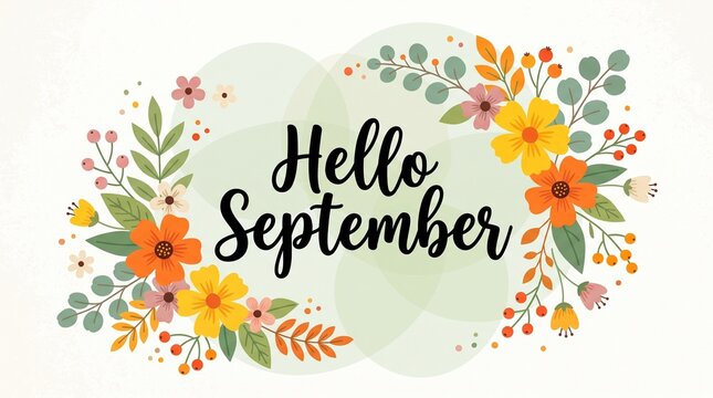 Hello September text with colorful autumn flowers and leaves