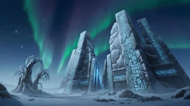 Ancient technology and alien structures glowing under the aurora borealis, a mystery of lost civilization in an icy landscape.