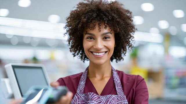 Tracking shot of woman cashier smiling and extending card reader toward customer at supermarket checkout counter in bright retail store