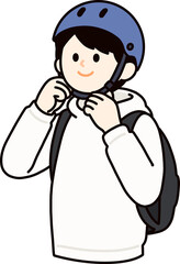Young man putting on a blue safety helmet, boy with backpack vector illustration © 예주 김